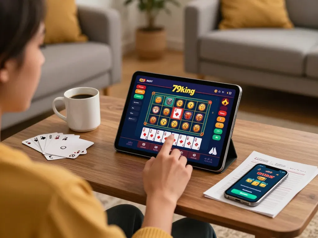 Player engages with 79king online casino game interface on tablet in a cozy home setting.