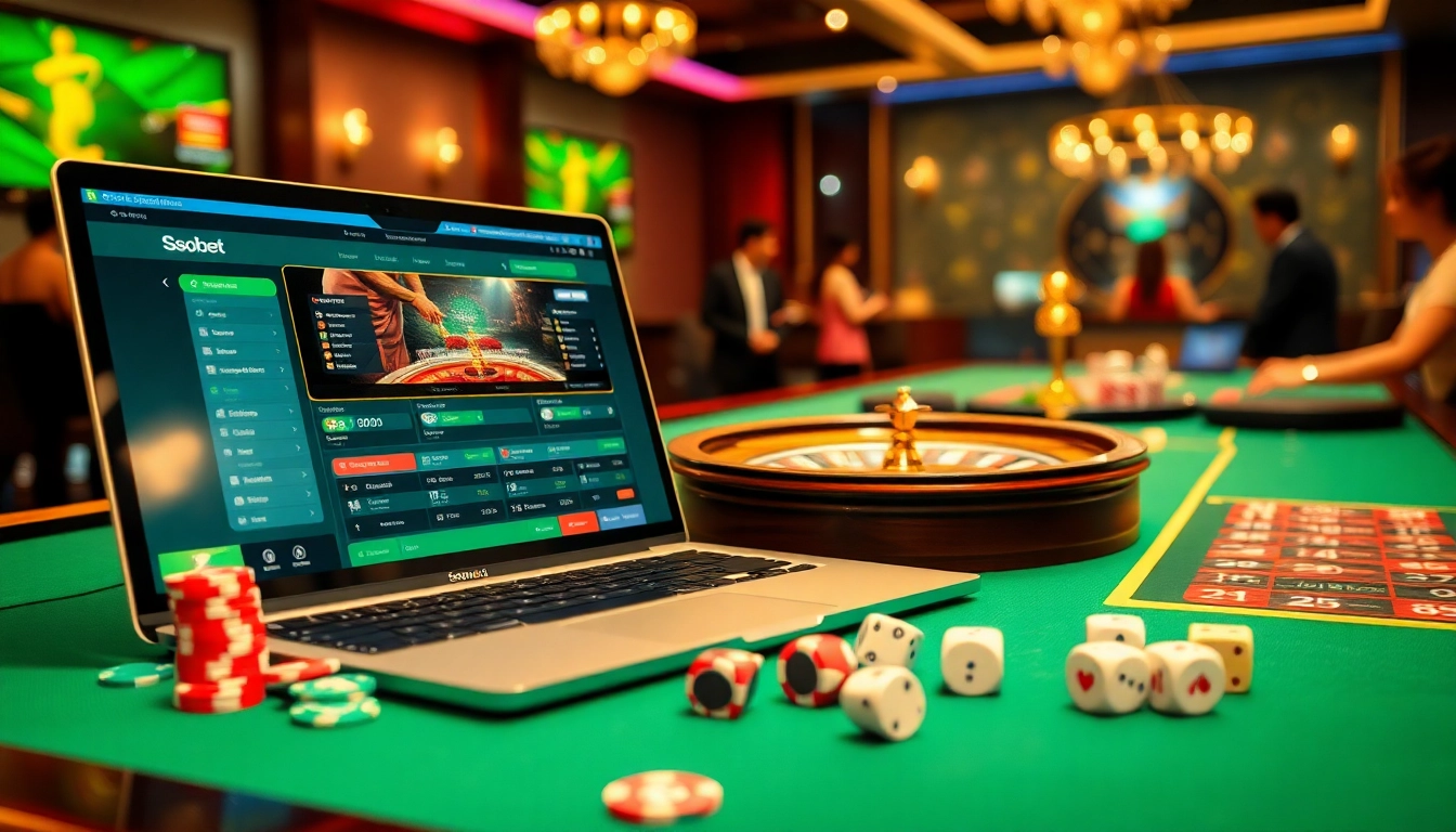 Engaged gamblers enjoy Sbobet link alternatif while celebrating big wins at casino tables with vibrant poker chips and roulette wheels.