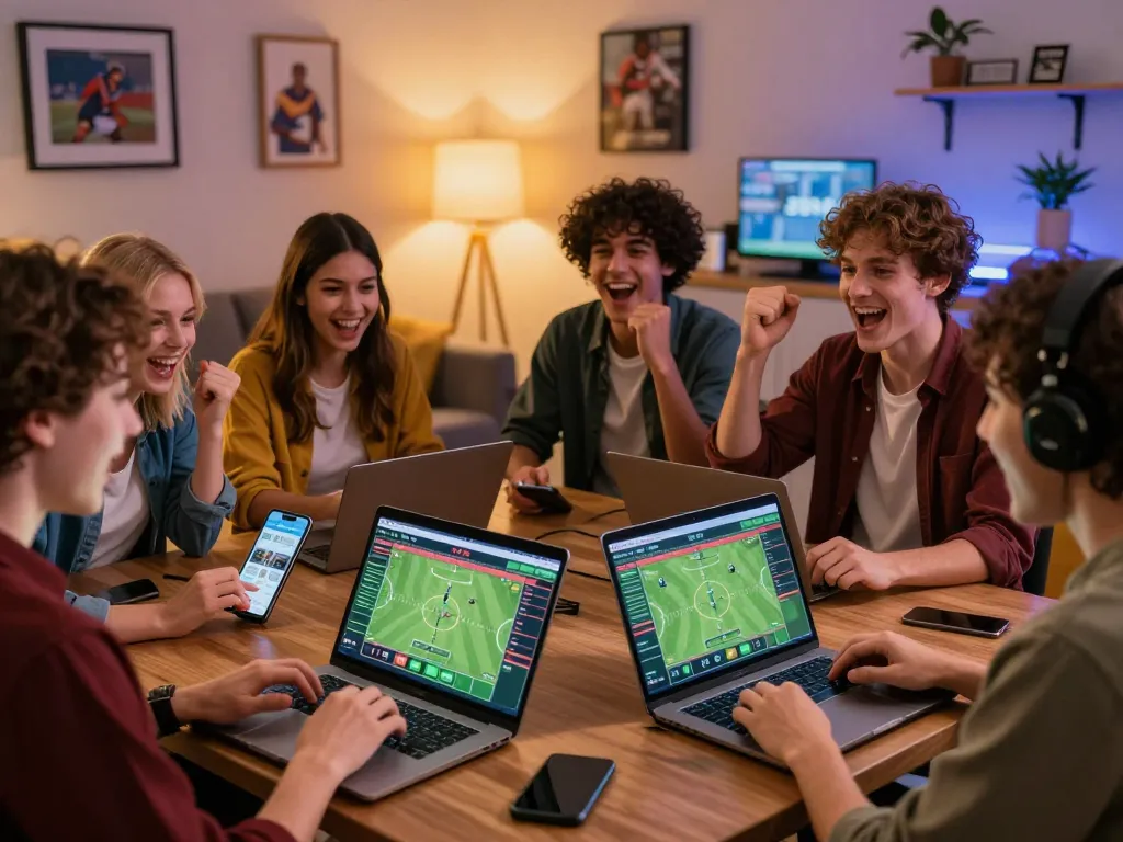 Engaging group of friends happily using cakhiatv86 for online sports betting in a cozy living room.