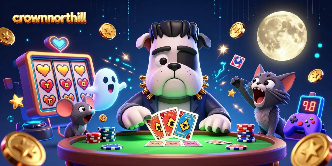 Crownnorthill showcases a thrilling cartoon scene with a bulldog dealer, ghost mouse, and casino elements.