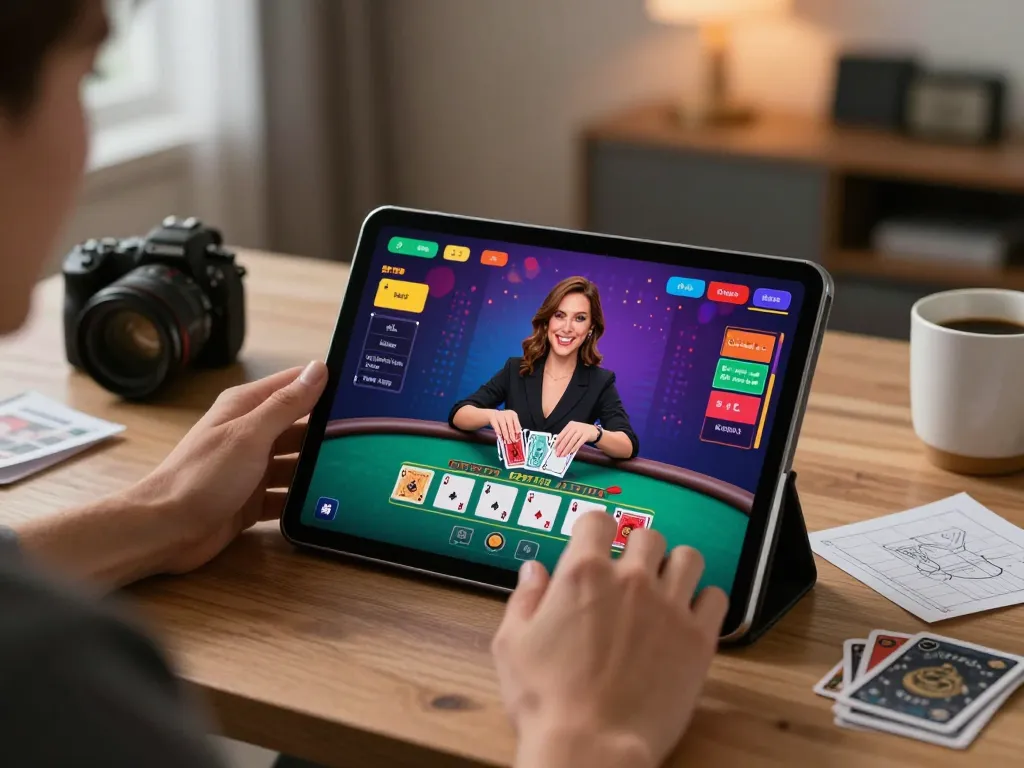 Engage in thrilling online blackjack gameplay with 77WIN on a tablet in a cozy home environment.