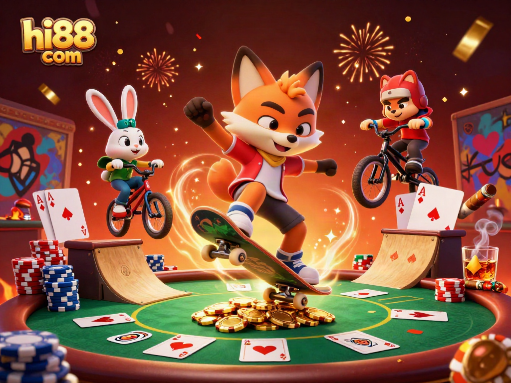 Join the excitement at hi88 com with a lively scene illustrating gambling thrills and camaraderie.