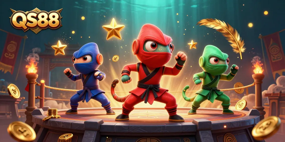QS88 chameleon ninjas showcasing exciting martial arts poses in a vibrant gaming atmosphere filled with casino elements.