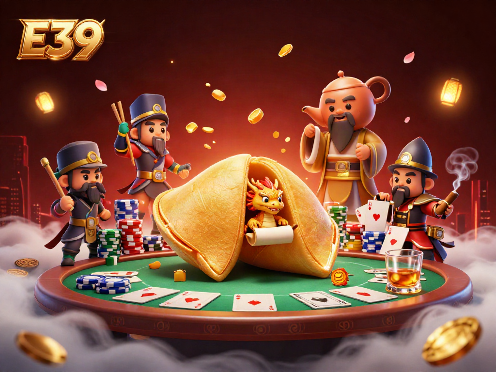 Experience E39's ultimate game night with a magical 3D fortune cookie and vibrant casino elements.