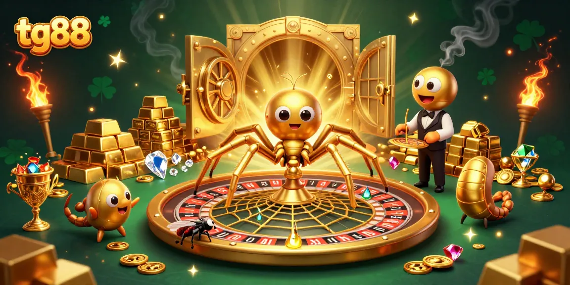 Spin the roulette web at tg88 with a golden spider and a centipede croupier in a dazzling casino scene.