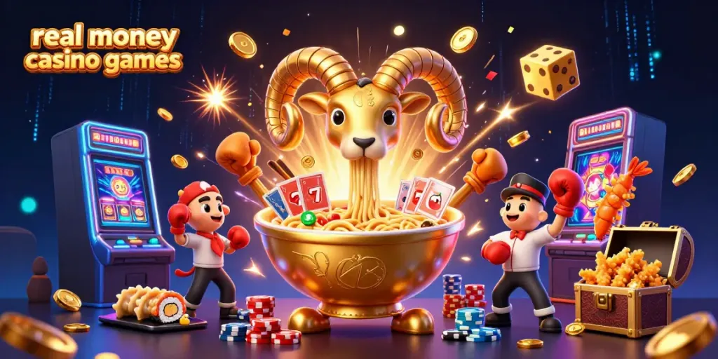 Engaging scene showcasing real money casino games with 3D characters like a giant ramen bowl and vibrant slot machines.
