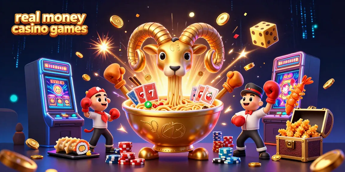 Engaging scene showcasing real money casino games with 3D characters like a giant ramen bowl and vibrant slot machines.