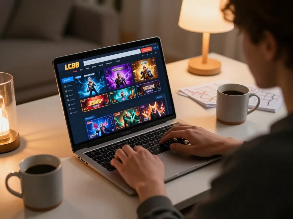Engaged user exploring LC88 online casino games on a laptop in a cozy home setting.