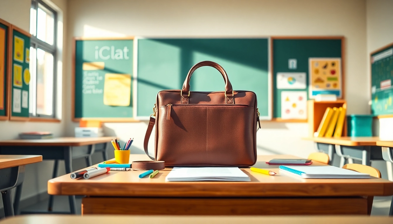 Entdecken Sie die Handytasche Klassenzimmer auf einem eleganten Schreibtisch mit Schulmaterialien.