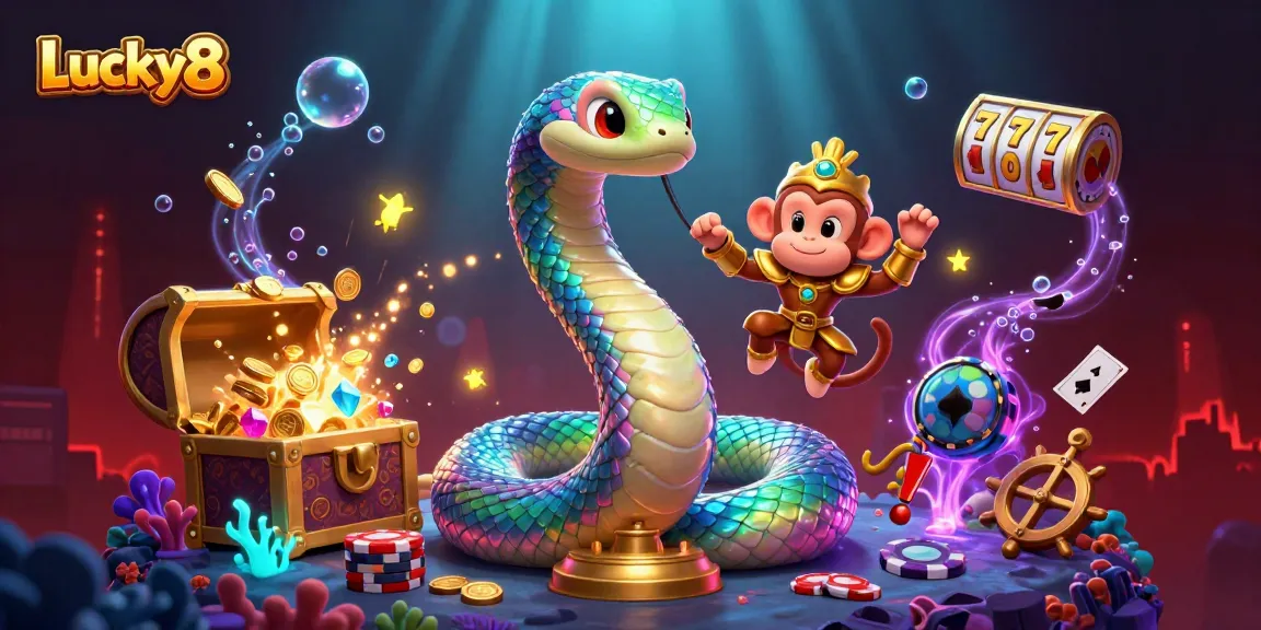 Experience Lucky8 with an exciting illustration of casino elements and colorful gaming scenes.