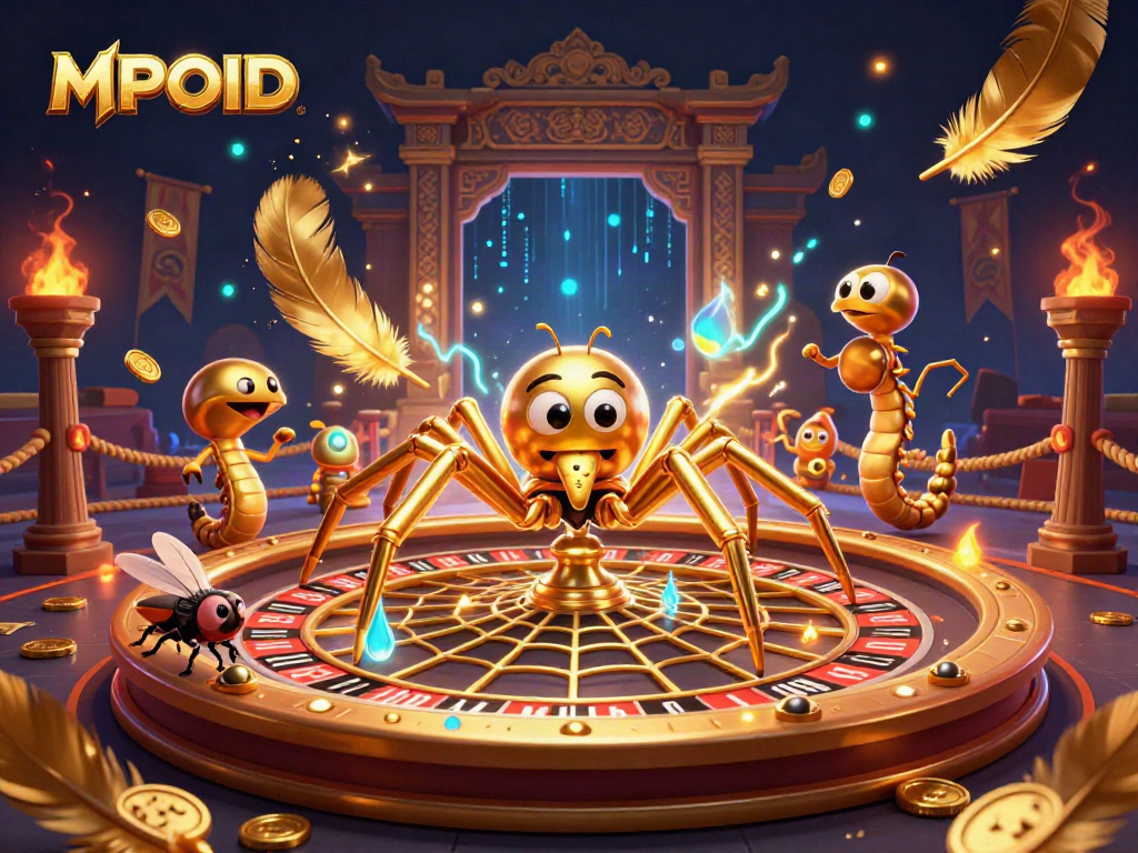 MPOID spins a high-stakes roulette wheel in a vibrant casino scene with golden elements.