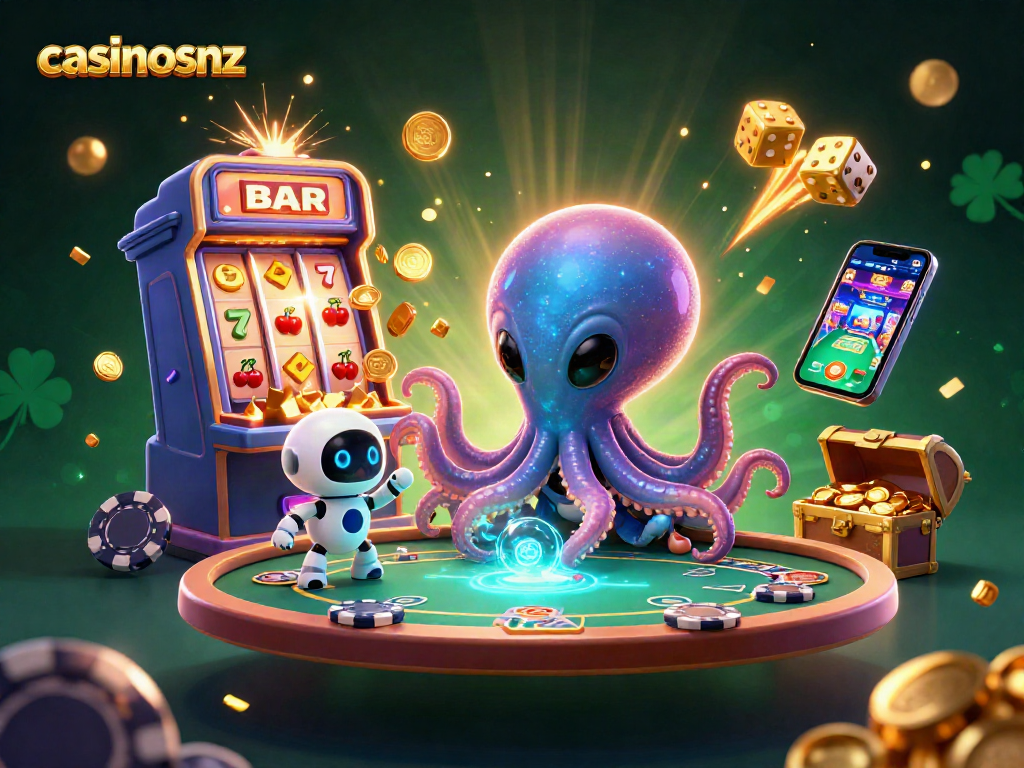 Experience thrilling gameplay at casinosnz with our vibrant alien-themed casino adventure illustration.