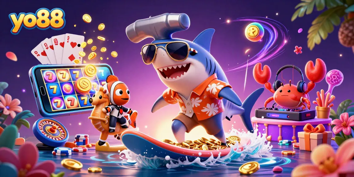 Unleashing winning strategies at yo88 with a cartoon shark, clownfish, and crab DJ amidst gold coins.