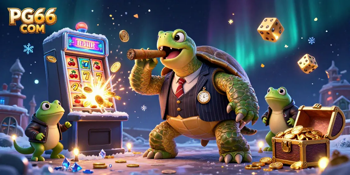 Get ready to win at PG66 COM with a lively casino scene featuring a snapping turtle in a mobster outfit.