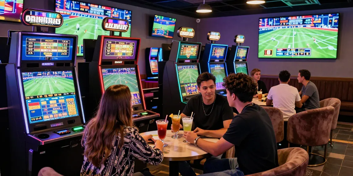 LUCK8 lively online casino gaming lounge scene with friends enjoying sports betting and vibrant ambiance.