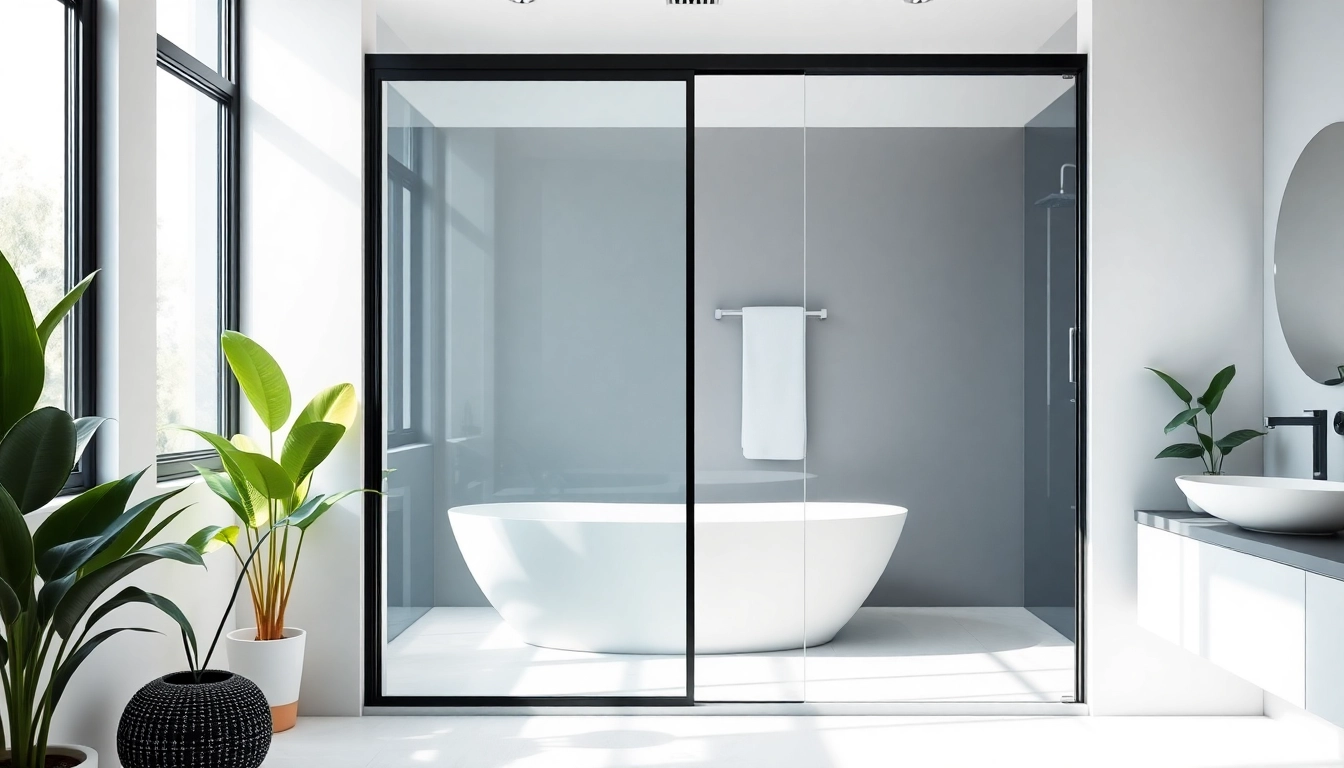 Modern black shower sliding door elegantly integrated in a chic bathroom.