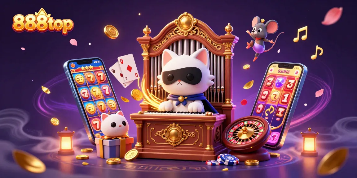 Experience thrilling games at 888top with a lively casino scene showcasing animated characters and vibrant gaming elements.