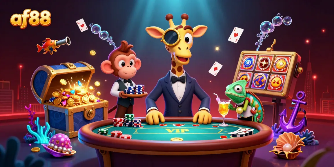 Engage in dynamic gaming experiences with af88, as a giraffe in a suit plays poker with lively characters.
