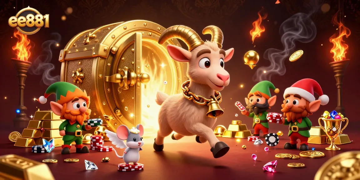 Win big at ee881's casino with festive characters stealing poker chips and gold treasures.