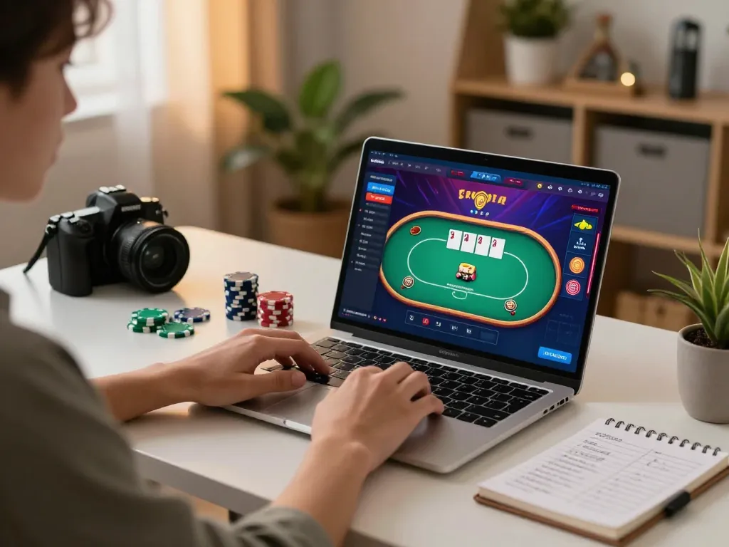 Engaged player enjoying壹發娛樂 online poker game at home with strategic notes.