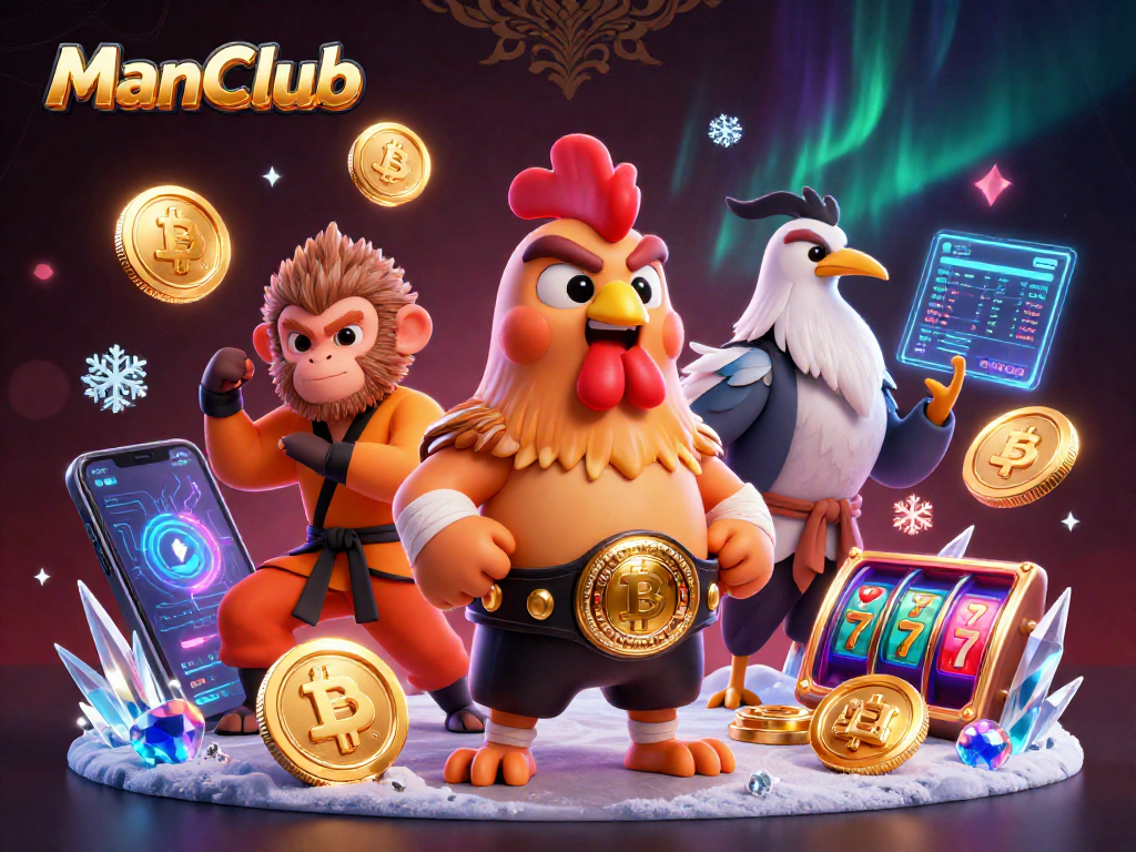 ManClub showcases Muay Thai rooster and Shaolin monkey in a vibrant casino scene filled with Bitcoin elements.
