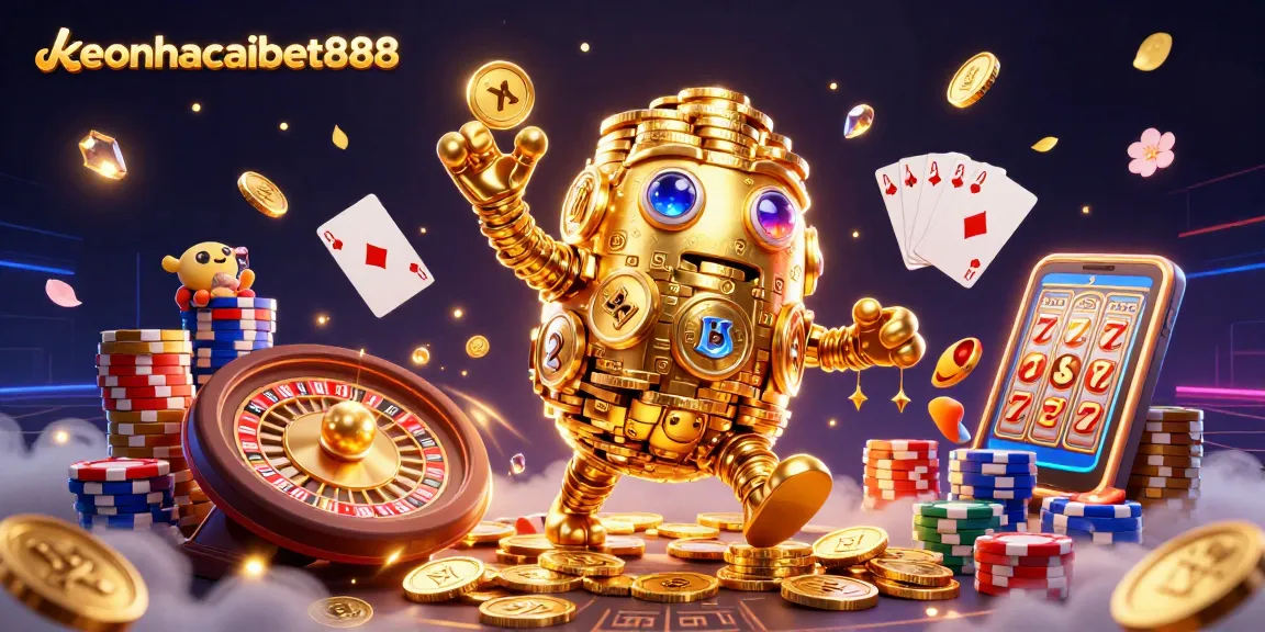 Spin and win with keonhacaibet888 – vibrant 3D casino scene showcasing golden golem and jackpots.