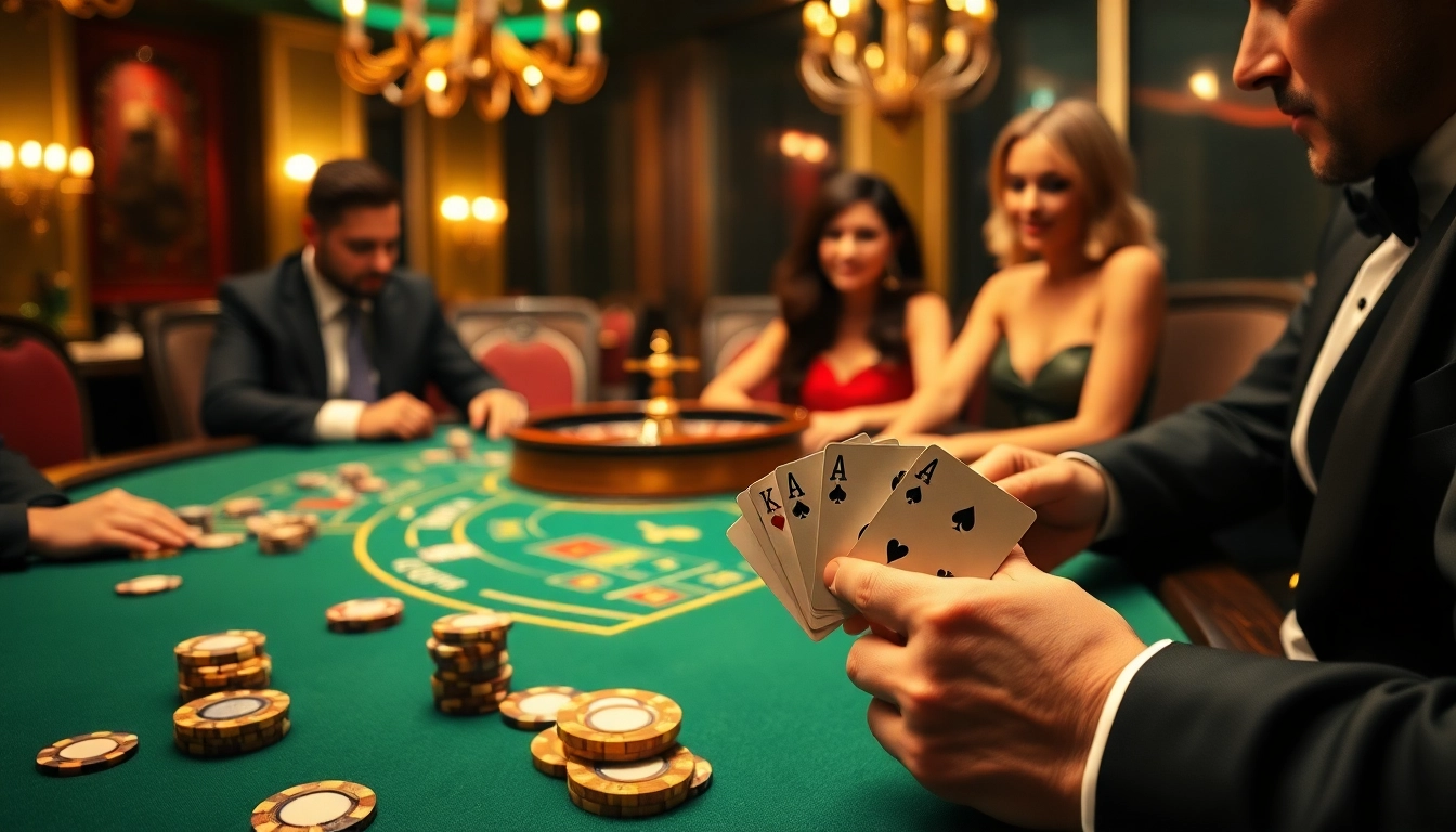 Engaged players enjoying poker at 789club, with vibrant casino ambiance and glowing chips.