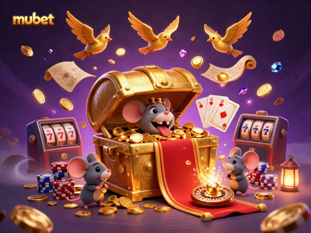 Engage in mubet gaming with lively treasure chest mimic, golden coins, and roulette excitement!
