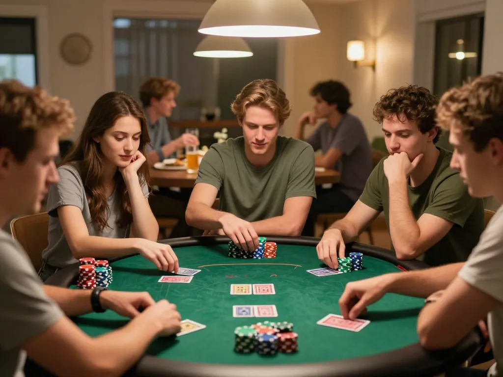 Players enjoying a friendly poker game at home, showcasing MB66's engaging atmosphere.