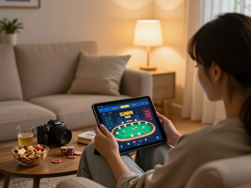 SUN WIN online gaming session with player enjoying poker on tablet at home