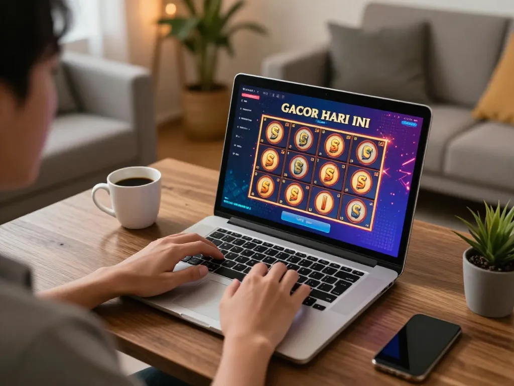 Engaging in slot gacor hari ini online gaming with a laptop setup, cozy home vibe