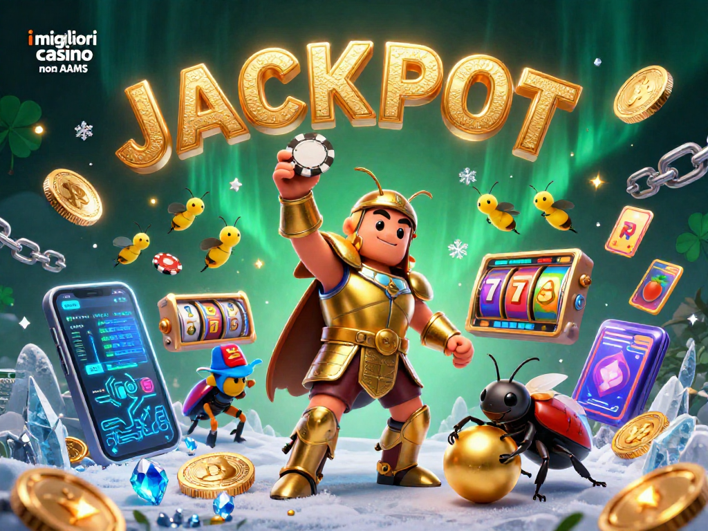 i migliori casino non AAMS celebrano vincite con un'illustrazione vivace e dettagliata di insetti cartoni animati e simboli di gioco.
