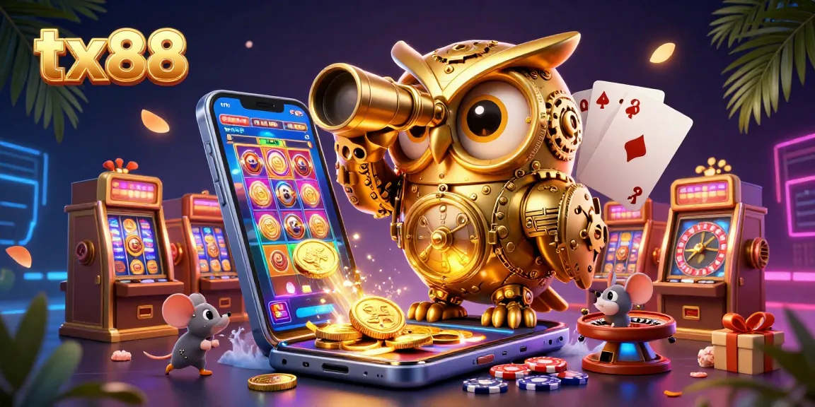 tx88 engaging slots through a 3D cartoon illustration with golden owl and casino elements.