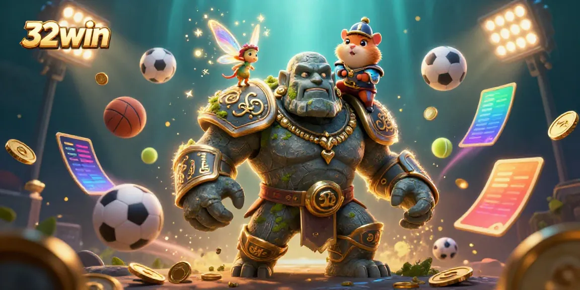 Engage with 32win as the magical golem, hamster knight, and fairy celebrate winning bets and sports.