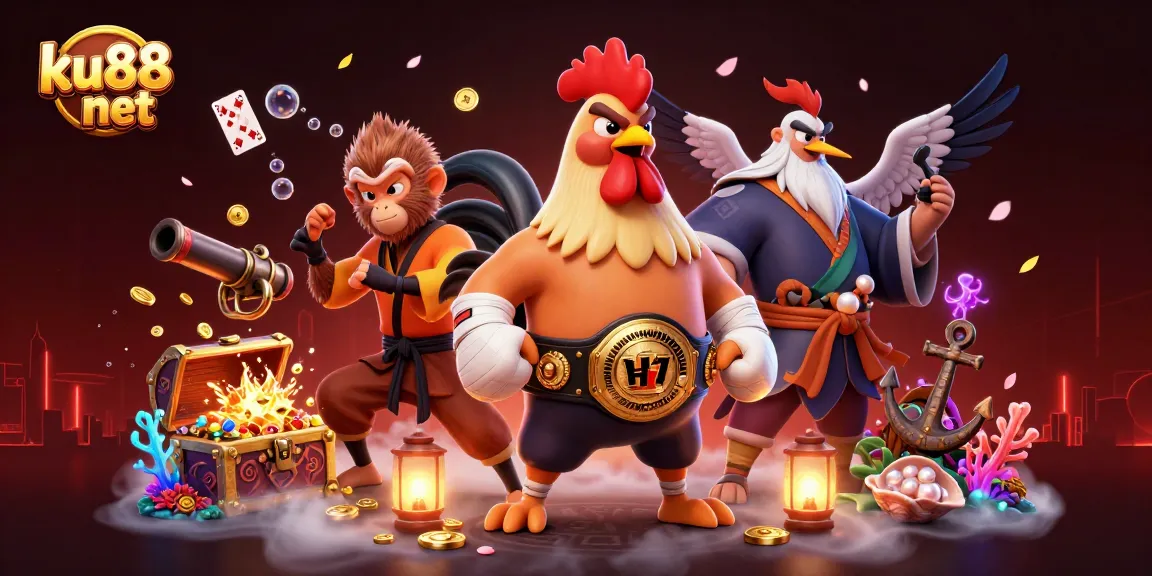 Engage with the vibrant ku88 net casino world through a colorful 3D illustration featuring unique characters.