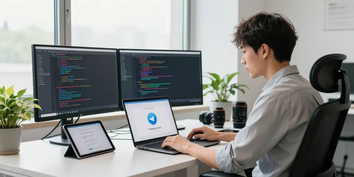 Engaged developer coding Telegram Download on a modern workstation with dual monitors and tablet.