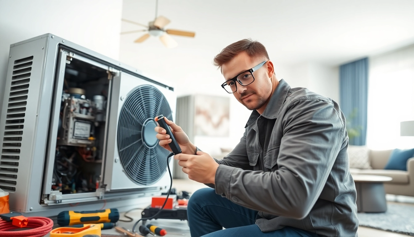 AC Repair Tampa technician inspecting AC unit in modern home setting.