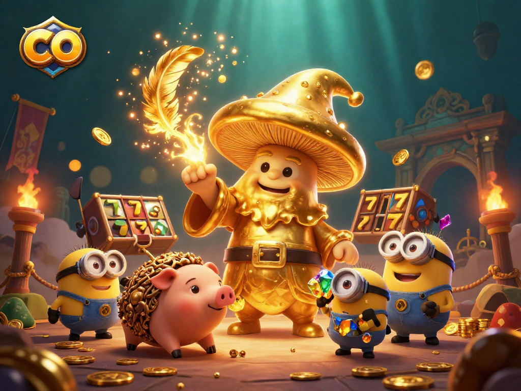 Spin big wins with the co-themed magical wizard in a treasure-filled casino illustration.
