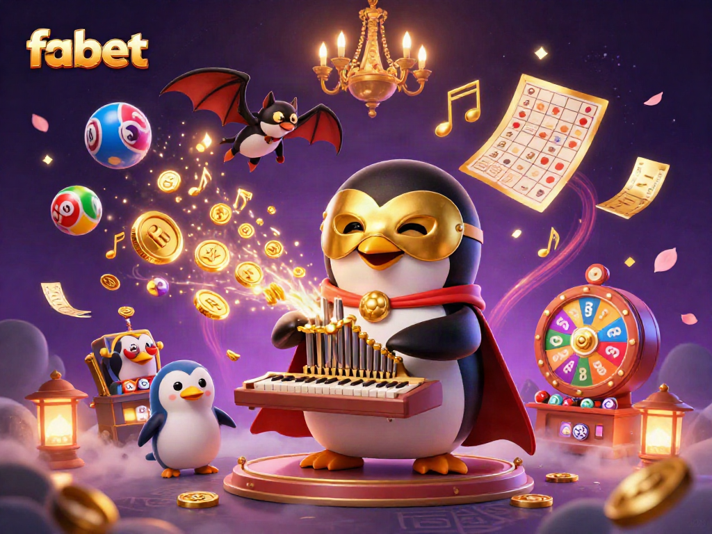 Experience winning excitement with fabet: a dazzling 3D penguin organist enshrouded in golden casino magic.