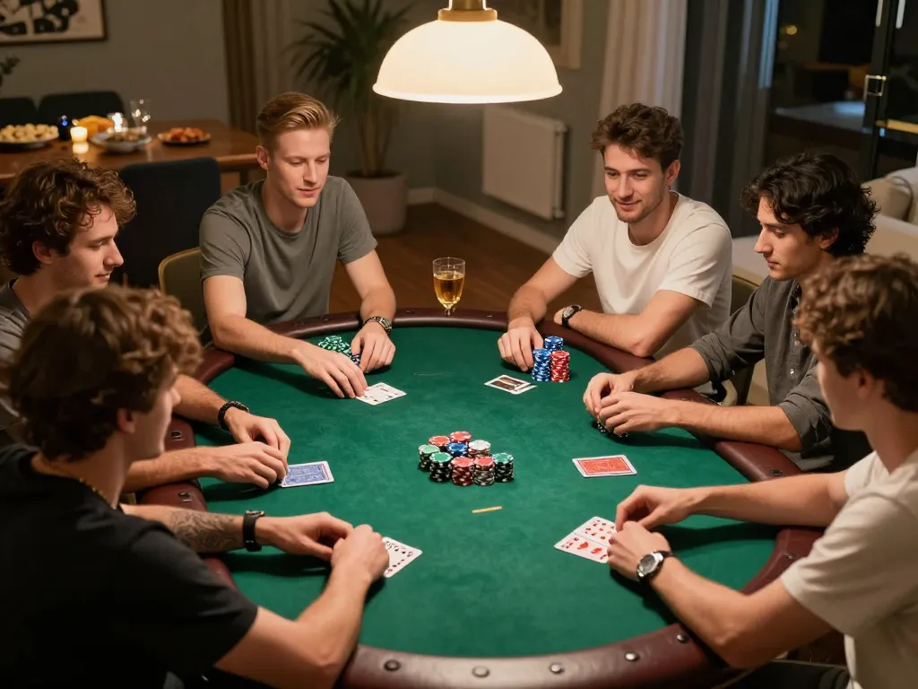 Friends engage in an exciting poker game at home, showcasing nhacaiuytin's social gambling experience.