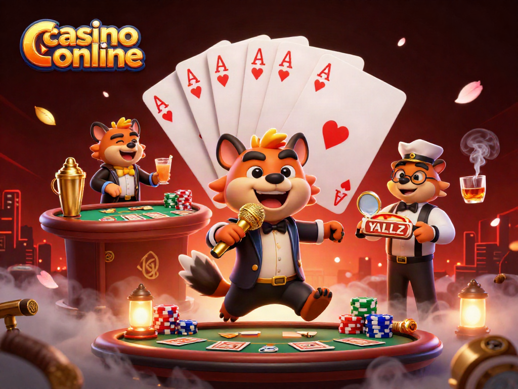 Juega y diviértete en un casino online con los divertidos personajes de hienas en una vibrante escena de casino.