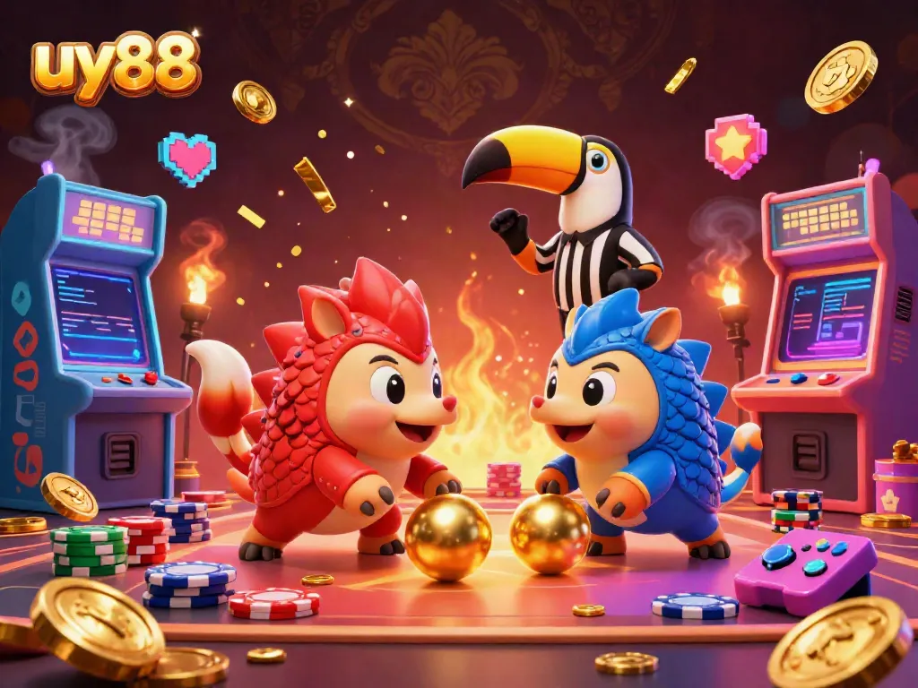 Engaging scene showcasing uy88’s lively gaming interaction with two rival pangolins bowling through stacks of poker chips.