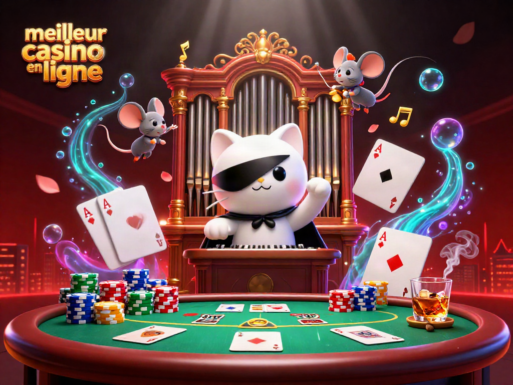 Plongez dans l'univers du meilleur casino en ligne avec un chat fantôme au pipeau, entouré de jetons de poker et de notes musicales.