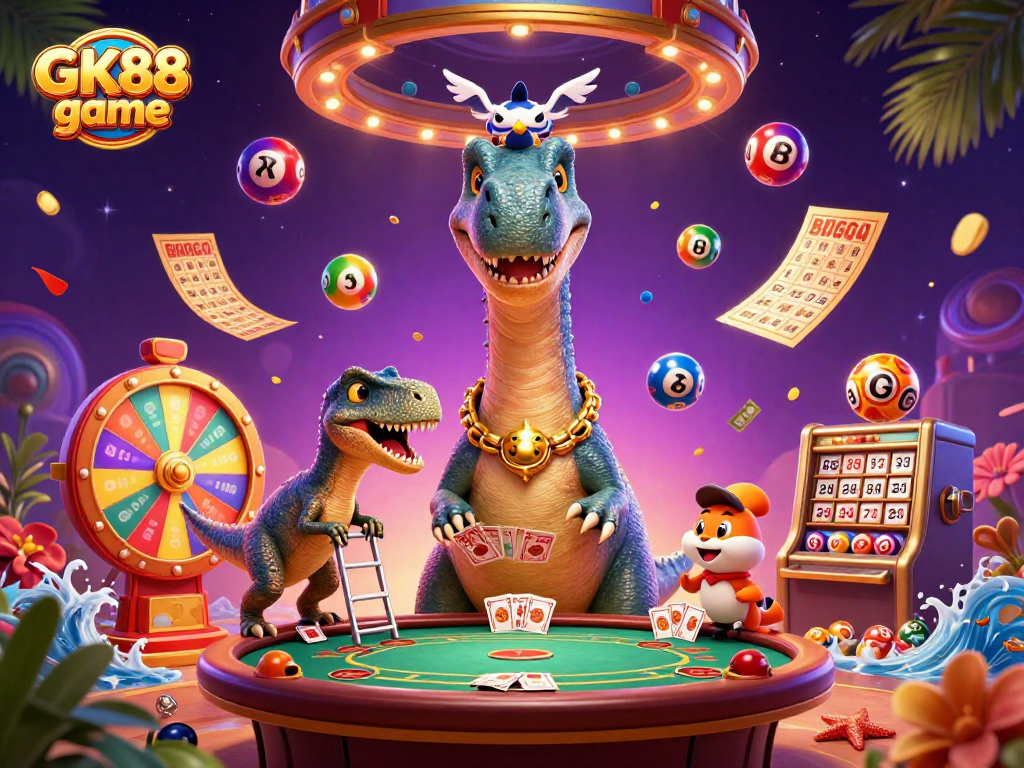 Engage in the GK88 game with vibrant lottery and casino elements in a whimsical scene.