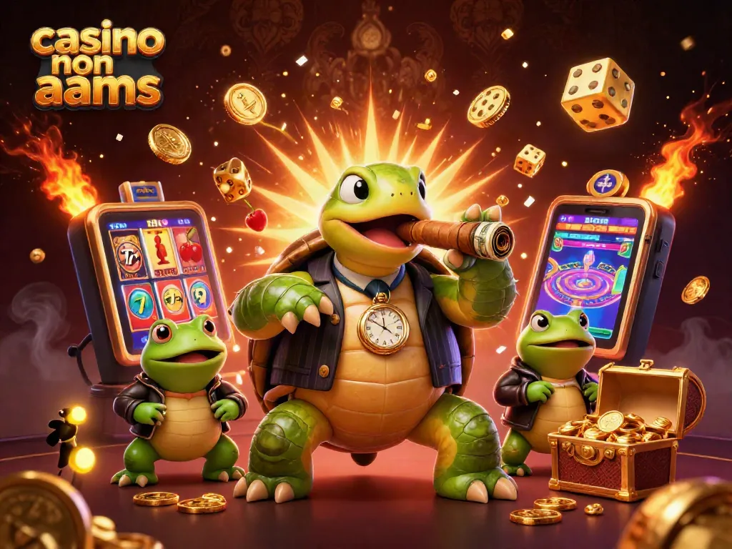 Scopri i casino non AAMS con un'enorme tartaruga e luci da casinò sullo sfondo.