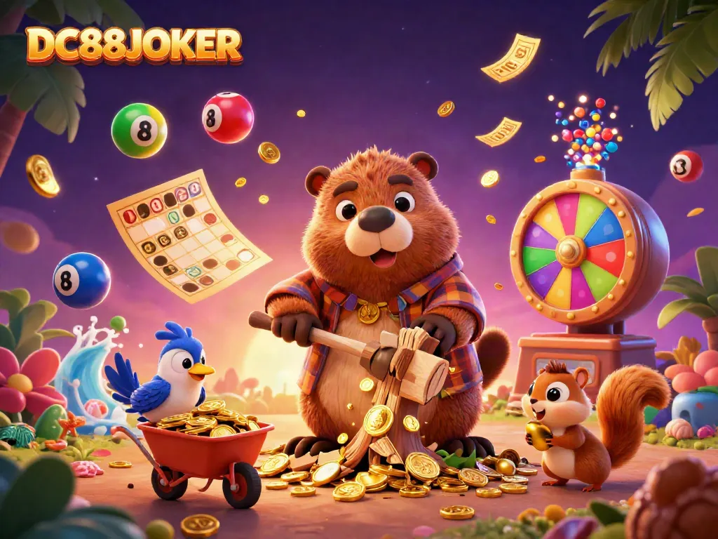 Engage in exciting gameplay with vibrant DC88JOKER themed characters amid golden coin rain and dynamic lottery elements.