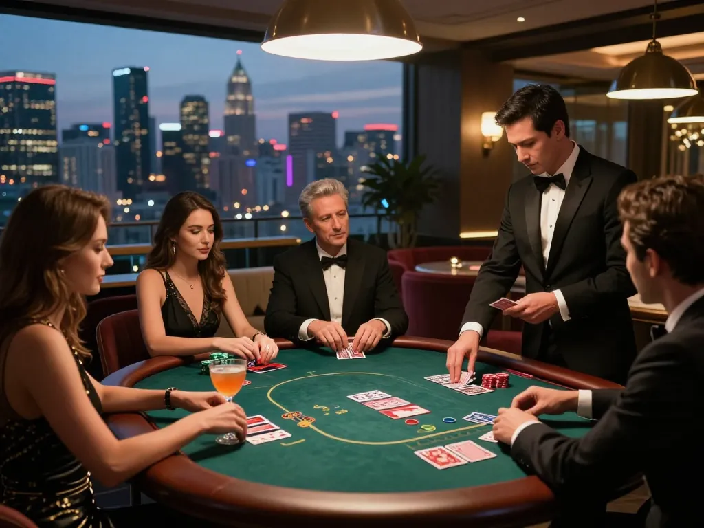 Players enjoy high-stakes poker game at upscale rooftop lounge, showcasing TG88 excitement and strategy