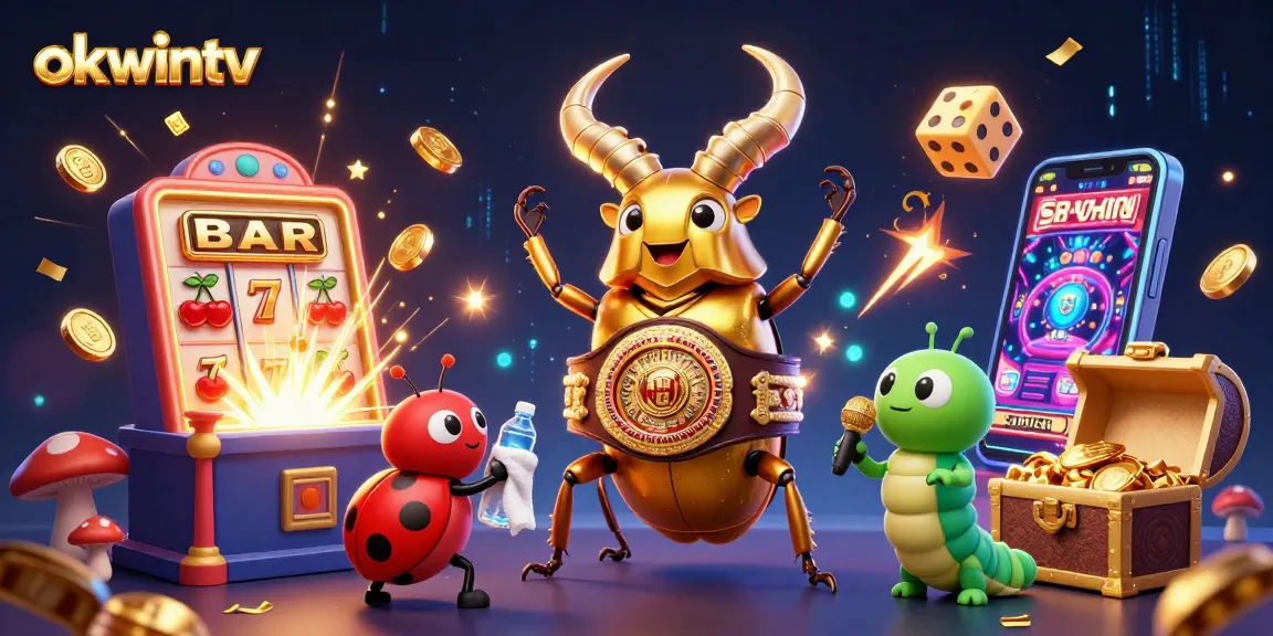Experience thrilling action with okwintv while witnessing a golden beetle champion in a vibrant casino scene.
