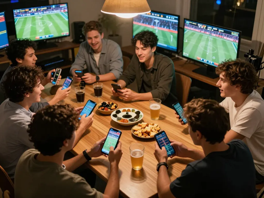 Friends excitedly placing live bets using open88c app during a sports game event.