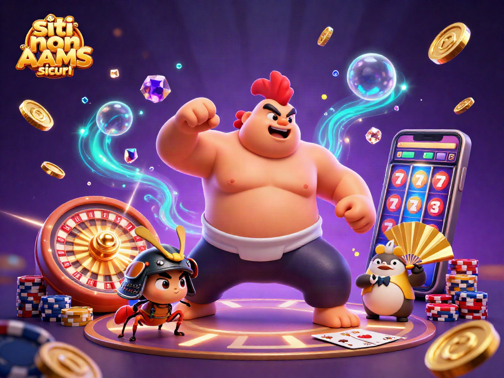 Un'affascinante scena con il sumo e il grillo che celebrano i siti non AAMS sicuri, circondati da monete d'oro e giochi di casinò.